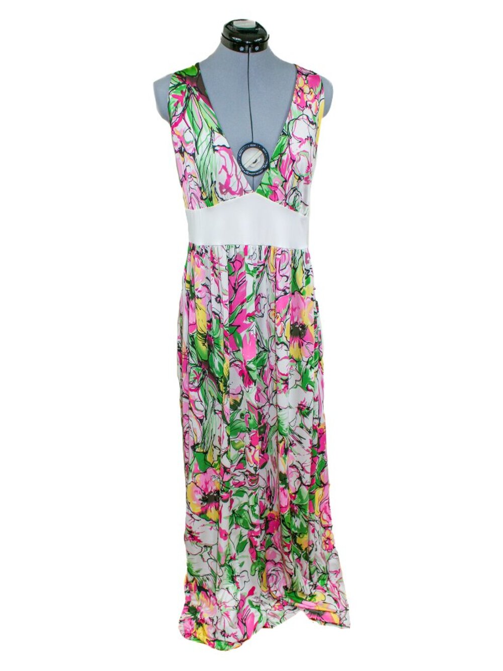 BABY PHAT Large White Floral Maxi Halter Dress Logo 90s Racerback Stretch Y2K
